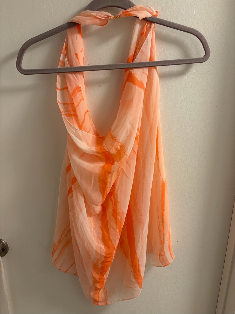 Calvin Klein NWT Peach Orange Watercolor Sheer Halter Scarf Top One Size